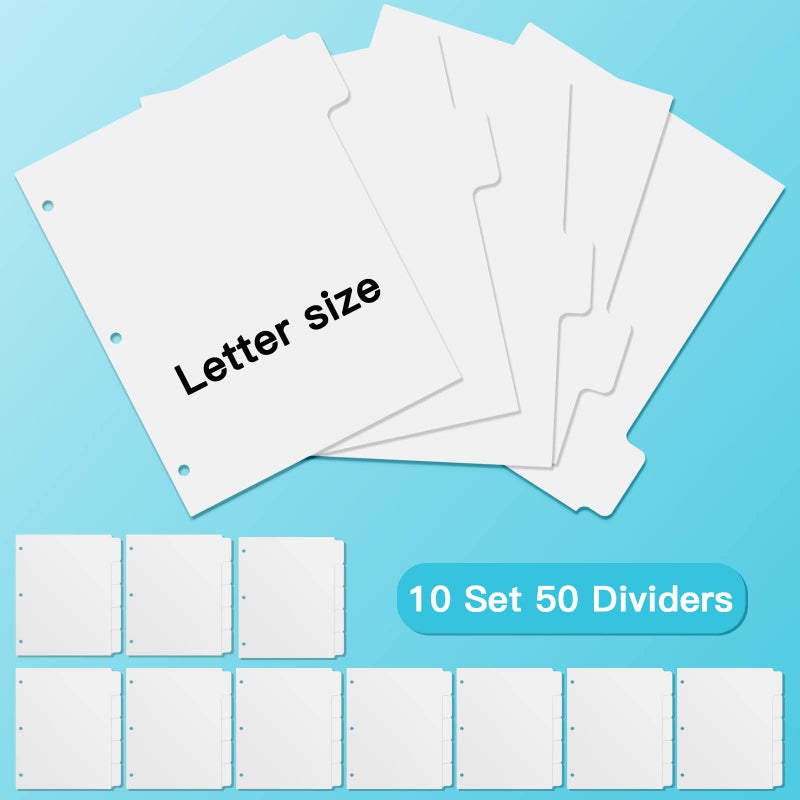 Homakover 3 Ring Binder Dividers with 5 Tabs, Write & Erase Plastic Binder Dividers Durable 3 Hole Punch Dividers Letter-Size 1/5 Cut Big Tabs Dividers, 10 Set, 50 Dividers Total - Image 2